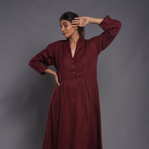 Linen Dress, Kimono Linen Dress, Button Up Linen dress, Winter Smock Linen Dress With Pockets, Linen maxi dress, Burgundy Dress,gift for her image 3