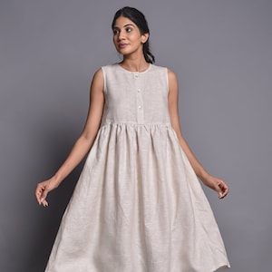 Sleeveless Smock Linen Boat-Neck Dress, Soft linen smock dress, Sleeveless dress, Tank top dress, Midi linen dress, Summer linen dress