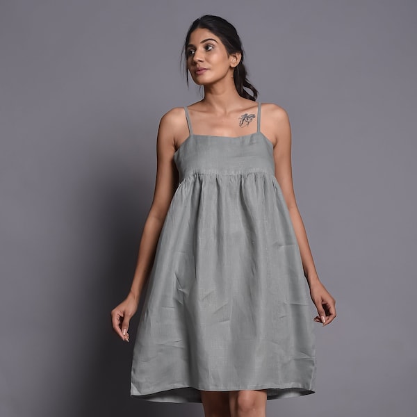 Grey Linen Mini Dress: Spaghetti Strap A-Line Summer Outfit gift for her
