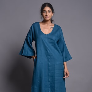 Linen dress, midi linen dress, midi dress with side pockets,midi dress 3/4 sleeves,Linen Dresses for Women,loose fit dress,Linen Tunic Dress
