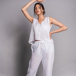 White Linen Two Piece Set for Women,Sleeveless V-Neck Top and Relaxed Fit Pants,Breathable Summer Co-ord Outfit,Linen crop top, linen pajama