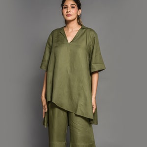 Olive Green Linen 2 Piece Set, Oversized V-Neck Top and Wide-Leg Pants for Women, Natural Fabric Co-ord Lounge Outfit, women clothing