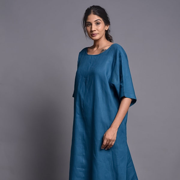 Linen Dark Teal Dress, Cocktail Dress, Linen Dress for Women, Linen Maxi Dress, Short Sleeves,Summer Dress Loose,Linen Spring Kaftan Dress