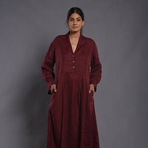 Linen Dress, Kimono Linen Dress, Button Up Linen dress, Winter Smock Linen Dress With Pockets, Linen maxi dress, Burgundy Dress,gift for her image 1