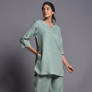 Sage Green Pure Linen Co-Ord Set,Handmade Loose Fit Kurta & Pant,Linen two piece set, Linen Pant,Linen Pajama Set,Casual linen set for women