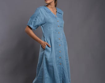 Handmade Blue Linen Midi Dress, Puff Sleeves, V-Neck Shirt Dress, women dresses