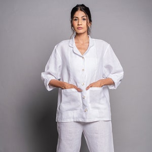 Classic linen button up shirt, White linen shirt , Women linen long sleeve shirt, Available in 10 different colors, Summer linen White Shirt