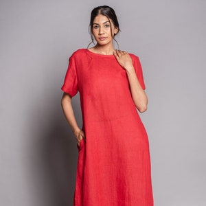 Red Linen Tunic Dress: Loose Fit Short Sleeve, Mid-Calf