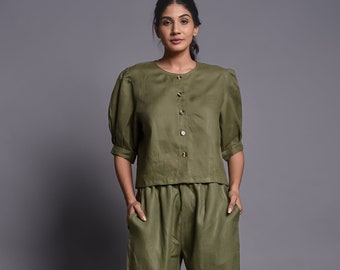 Linen Co-ords, Linen two piece set pants with elastic waistband and half sleeves Short shirt without collar, Linen Casual Wear, Gift for her