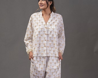 Printed Long sleeve pajama set, Cotton sleepwear, White Hand Block Printed lounge set, Women shirt and pants, Co ord Set,  Different Prints