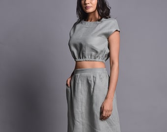 Linen Skirt and Crop Top Set: Summer Two Piece Outfit, GIFT FOR HER