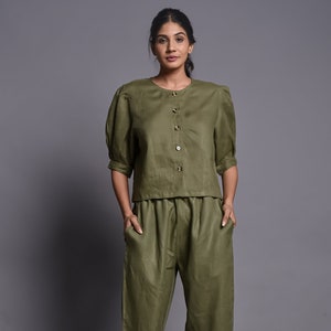 Olive Green Linen Tunic Set, Puff Sleeve Buttoned Top and Relaxed Trousers, 2 Piece Natural Fabric Co-ord for Women, Gift for Mom