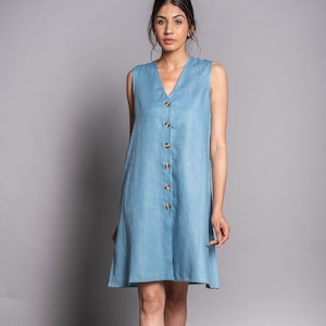 V-Neck Casual Linen Tunic Dress, Linen Sleeveless Dress, minimal dress, Loose Tunic, Maternity Summer Maxi, Plus Size Petite, Custom Size