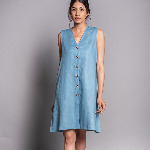 Vestido túnica de lino: vestido largo de verano sin mangas con escote en V