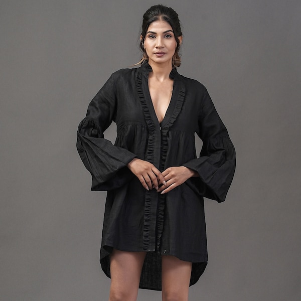 Black linen oversized voluminous sleeves dress, linen mini dress, Gift For Her, Summer Dress,Cocktail Dress, Linen Clothing For Women