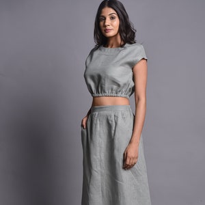Linen Skirt And Top Set, Two Piece Set Maxi Skirt Crop Top Pure Linen Summer Outfit, Women Linen Set ,Linen Two Piece Skirt Set,Gift For her
