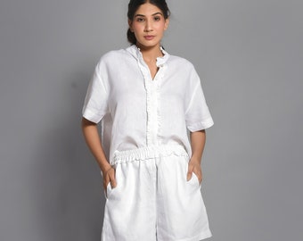 Linen Pajama Set of Short Sleeve Shirt & Shorts PJ Set Birthday Gift for Her Linen Sleepwear Two Piece Set Organic Clothing