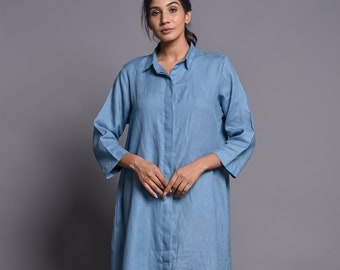 Linen shirt dress, This dress should be a staple in any wardrobe designed to be versatile, with buttons down the front, Side Seam Pockets