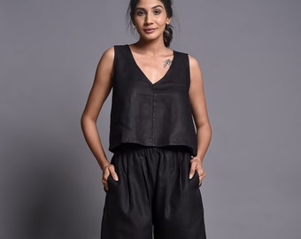 Black Linen Pajama Set: Sleeveless V-Neck Top & Shorts