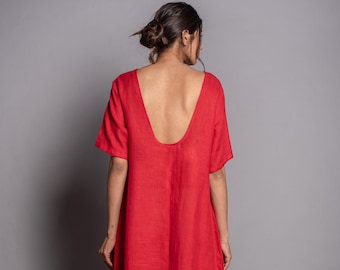 Robe rouge en lin, robe de cocktail, robe en lin pour femmes, robe Maxi en lin, manches courtes, robe d’été ample, robe Kaftan de printemps en lin