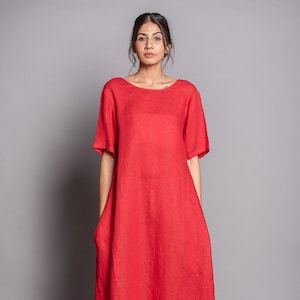 Red Linen Maxi Dress: Oversize A-Line, Plus Size Available