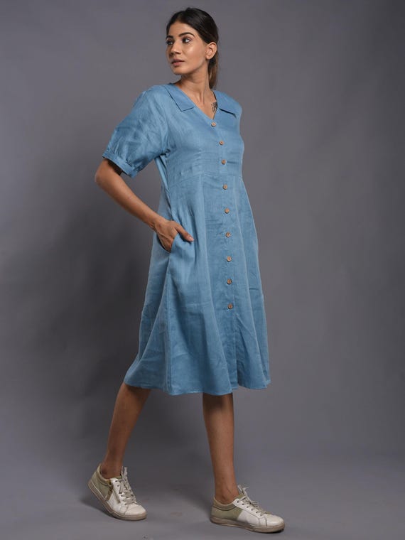 Handmade Blue Linen Midi Dress, Puff Sleeves, V-Neck Shirt Dress