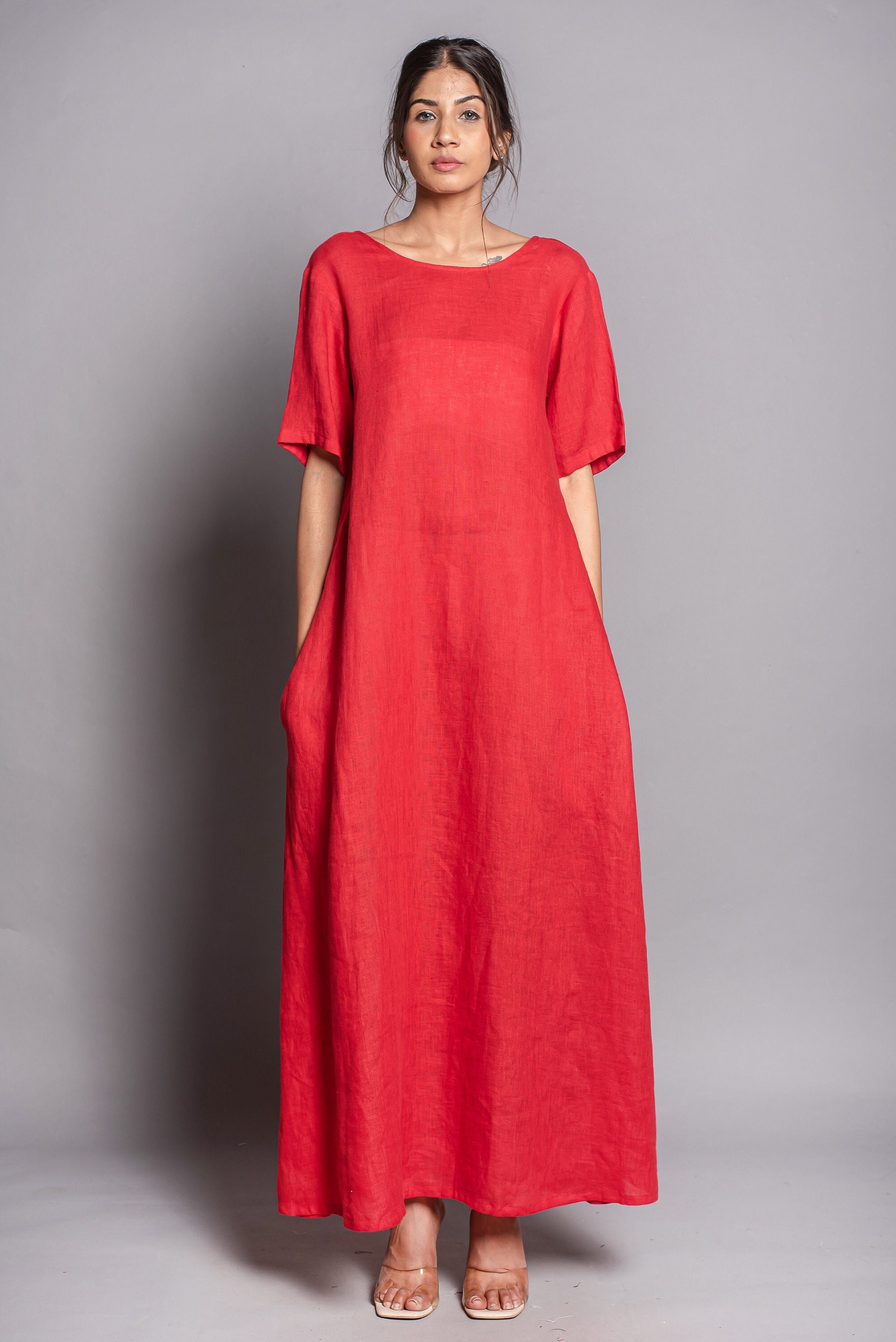 Red Linen Maxi Dress: Oversize A-Line, Plus Size Available Red Linen Maxi Dress: Oversize A-Line, Plus Size Available