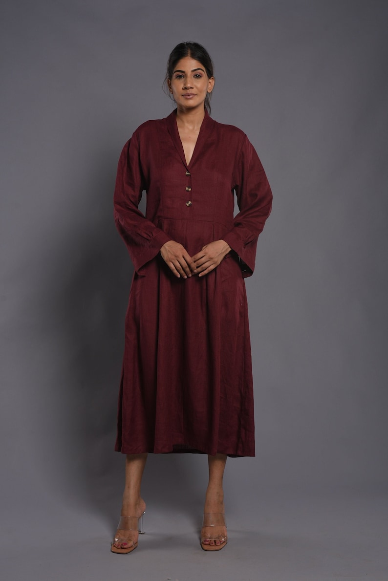 Linen Dress, Kimono Linen Dress, Button Up Linen dress, Winter Smock Linen Dress With Pockets, Linen maxi dress, Burgundy Dress,gift for her image 4