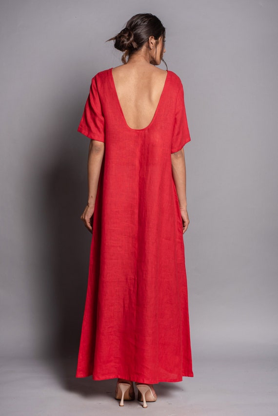 chinese dress ladies Red Cotton Linen Blend Tie-Back Maxi Dress main image 1