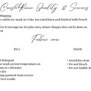 May include: A white background with black text outlining the care instructions for linen clothing. The text reads "Crush Linen Quality & Services" and includes a list of "Do's" and "Don'ts" for washing and ironing linen.