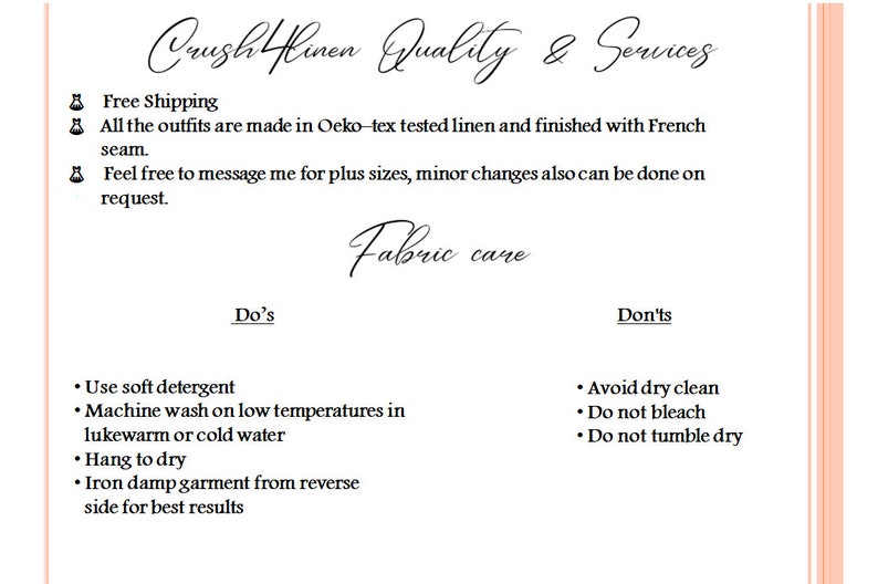 May include: A white background with black text outlining the care instructions for linen clothing. The text reads "Crush Linen Quality & Services" and includes a list of "Do's" and "Don'ts" for washing and ironing linen.