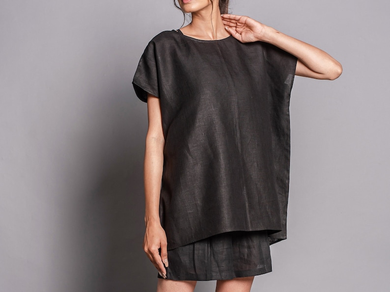 Black Linen Boat-neck Tops & Tees Loose Fit Women's T-Shirt, short sleeves blouses, loose soft casual custom oversized tunic top image 1