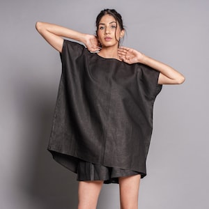 Black Linen Boat-neck Tops & Tees Loose Fit Women's T-Shirt, short sleeves blouses, loose soft casual custom oversized tunic top image 4