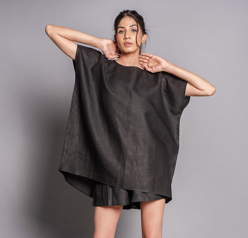 Black Linen Boat-neck Tops & Tees Loose Fit Women's T-Shirt, short sleeves blouses, loose soft casual custom oversized tunic top image 4