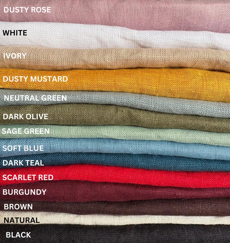 May include: A stack of 14 fabric swatches in various colors, including dusty rose, white, ivory, dusty mustard, neutral green, dark olive, sage green, soft blue, dark teal, scarlet red, burgundy, brown, natural, and black.