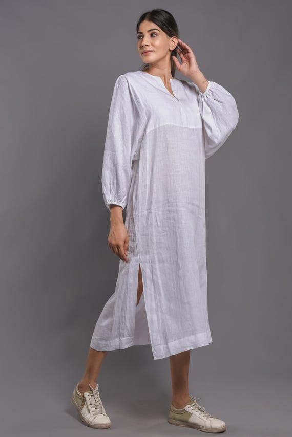loose fitting ladies dresses White Linen Maxi Dress with Pockets PatternLabel: Acid Wash