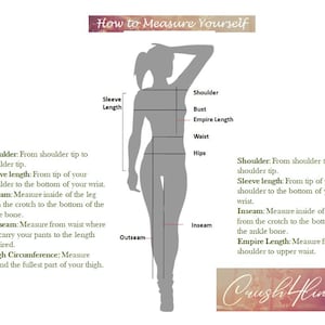 May include: Diagram showing how to measure different parts of the body for clothing, including shoulder, bust, waist, hips, sleeve length, inseam, outseam, and empire length. The diagram includes text labels for each measurement.