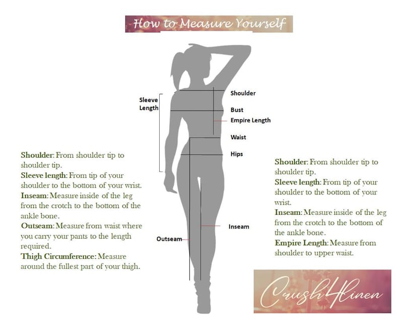 May include: Diagram showing how to measure different parts of the body for clothing, including shoulder, bust, waist, hips, sleeve length, inseam, outseam, and empire length. The diagram includes text labels for each measurement.
