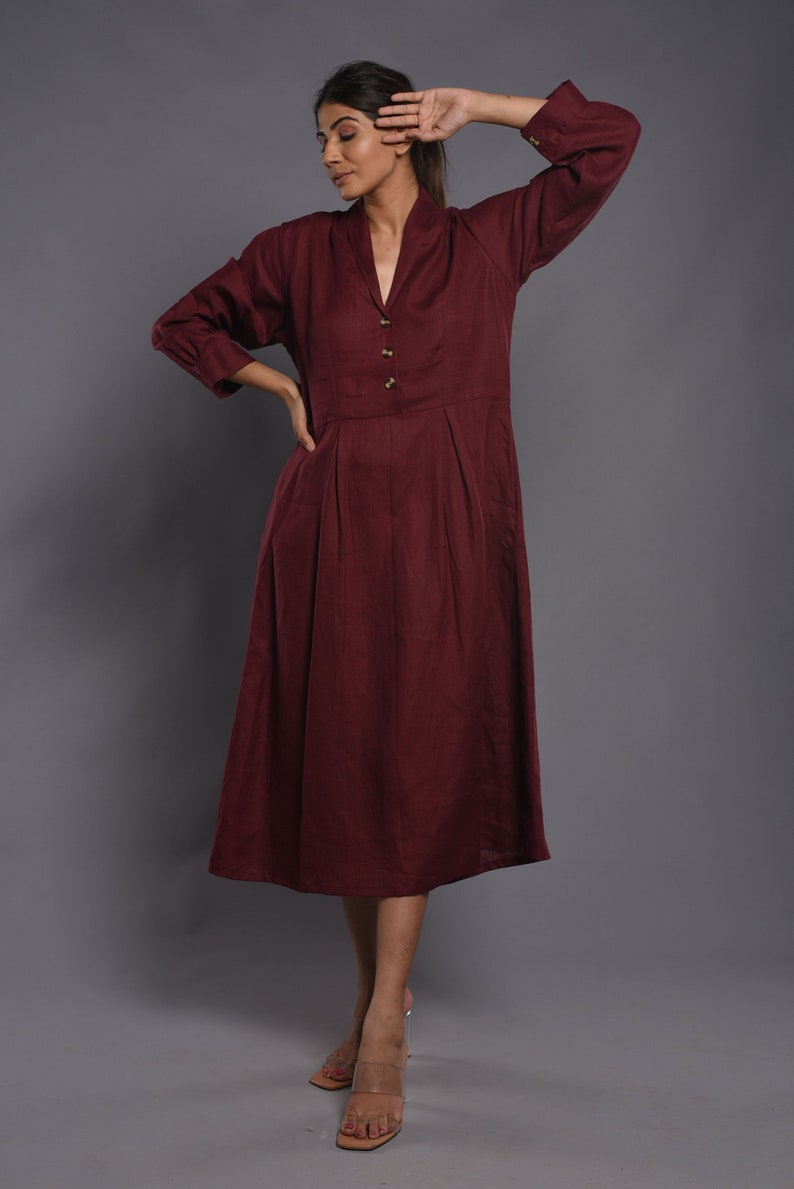 Linen Dress, Kimono Linen Dress, Button Up Linen dress, Winter Smock Linen Dress With Pockets, Linen maxi dress, Burgundy Dress,gift for her image 3