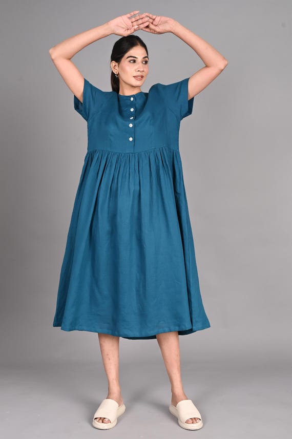 chinese dress ladies Short Sleeve Linen Midi Dress (Chantilly)