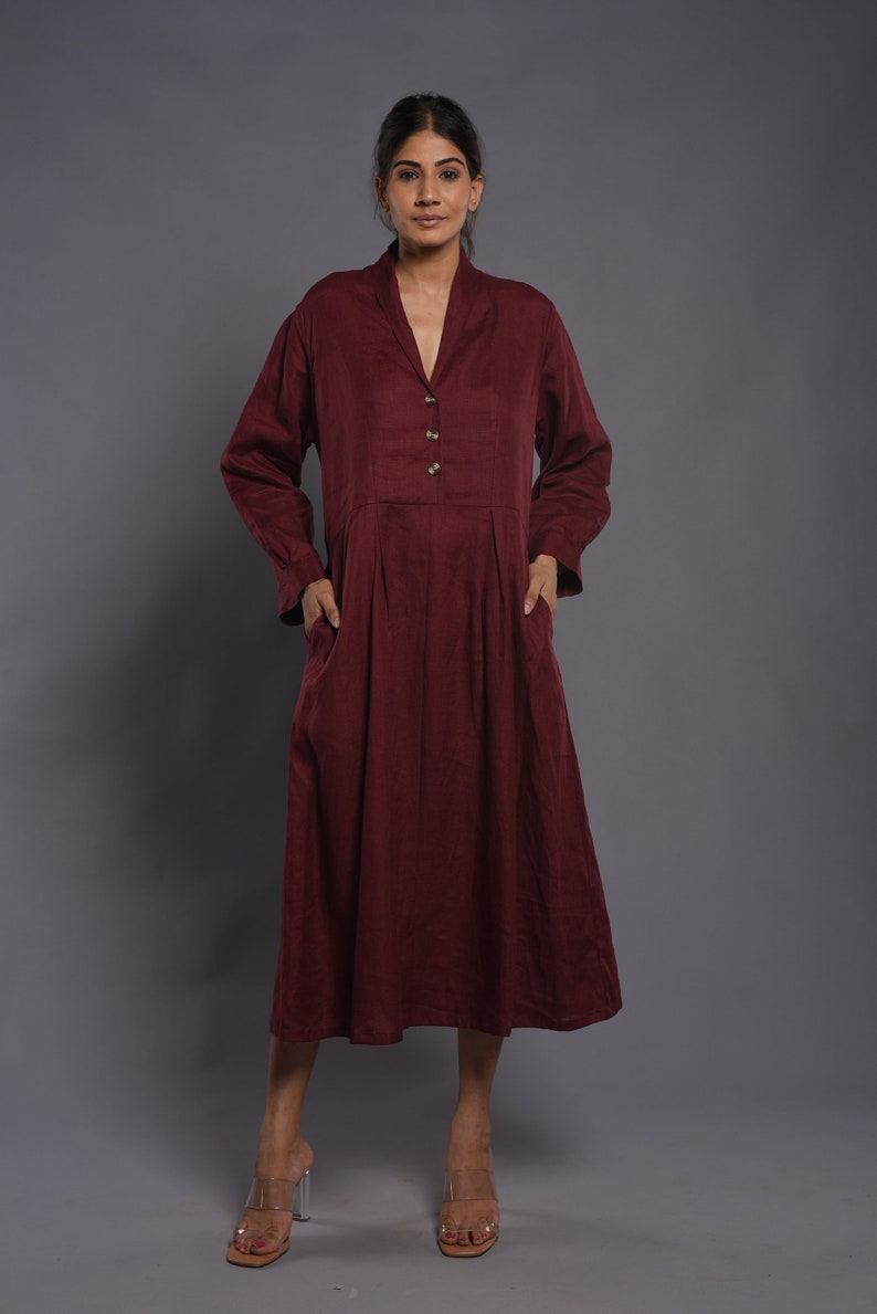 Linen Dress, Kimono Linen Dress, Button Up Linen dress, Winter Smock Linen Dress With Pockets, Linen maxi dress, Burgundy Dress,gift for her image 6