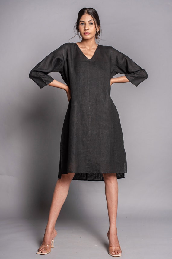 tunic dress knee length Black Linen V-Neck Dress, Oversized Summer Length, Women's Relaxed Fit Ladies dresses