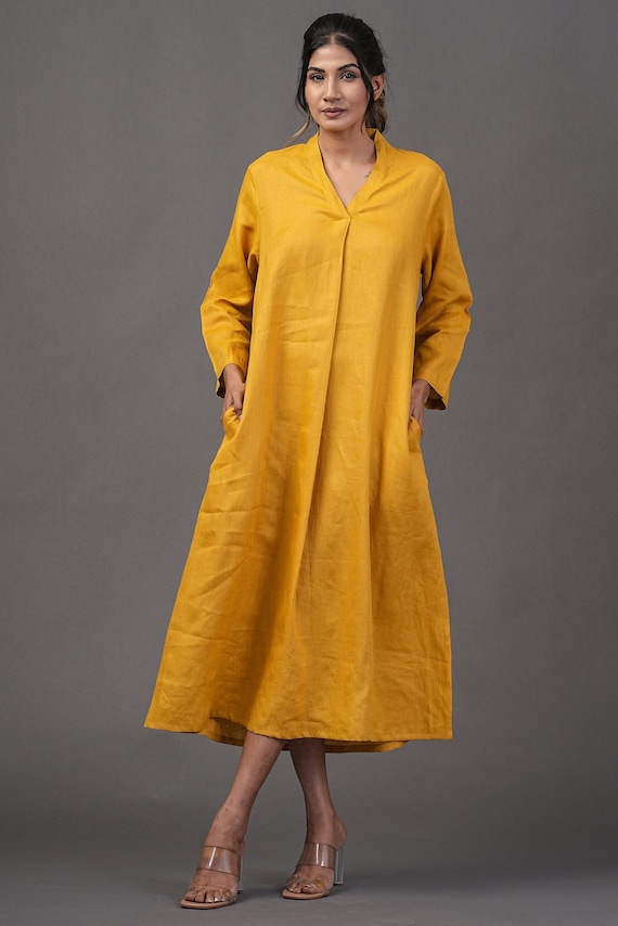 Linen Maxi Dress: V-Neck Long Sleeve Tunic with Pockets