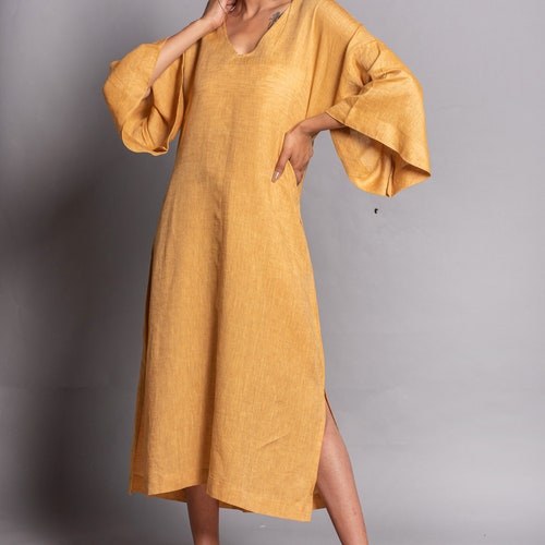 Linen dress, midi Linen dress, midi dress with side pockets,midi dress 3/4 sleeves,Linen Dresses for Women,loose fit dress,Linen Tunic dress