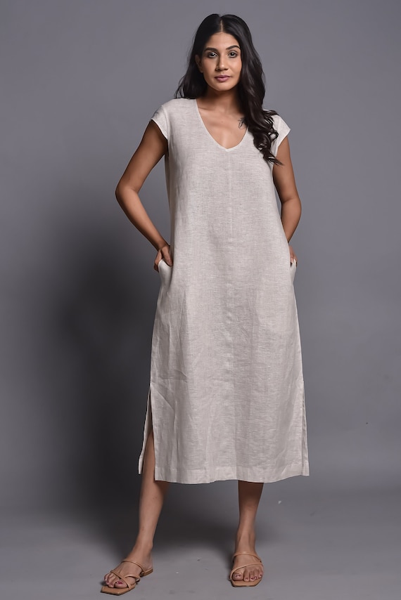 Linen Maxi Dress: Cap Sleeves, Side Slit, Summer A-Line