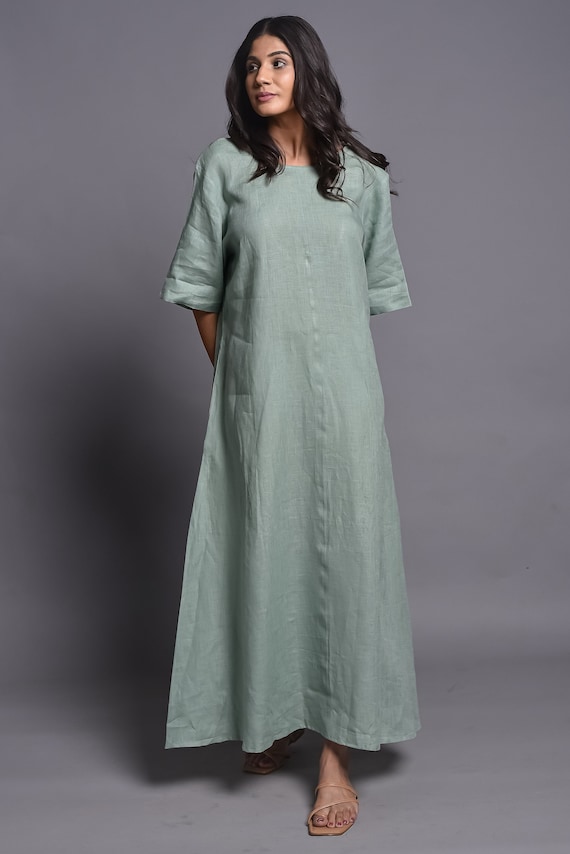 Sage Green Linen Maxi Dress: Loose Summer Kaftan, gift for her, women clothing, women long dress