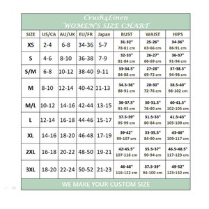 May include: Size chart for women's clothing with measurements in inches and centimeters. The chart includes sizes XS to 3XL, with corresponding US/CA, AU/UK, EU/FR, and Japanese sizes. Measurements are provided for bust, waist, and hips.
