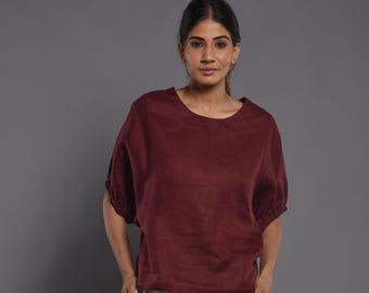 Burgundy Linen Top: Oversized Drop Shoulder Blouse gift for her,women top