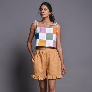 Handmade Linen Co-ord Set: Checkered Crop Top & Mustard Ruffle Shorts