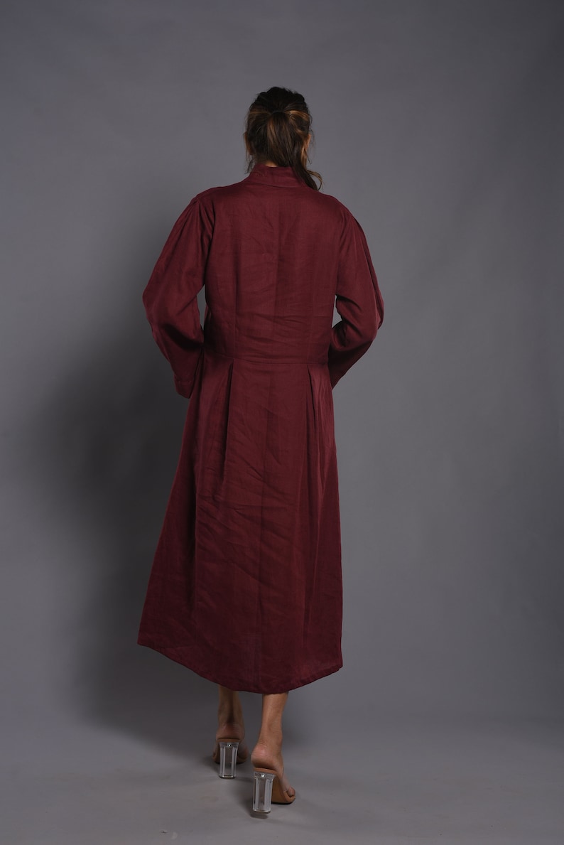 Linen Dress, Kimono Linen Dress, Button Up Linen dress, Winter Smock Linen Dress With Pockets, Linen maxi dress, Burgundy Dress,gift for her image 5